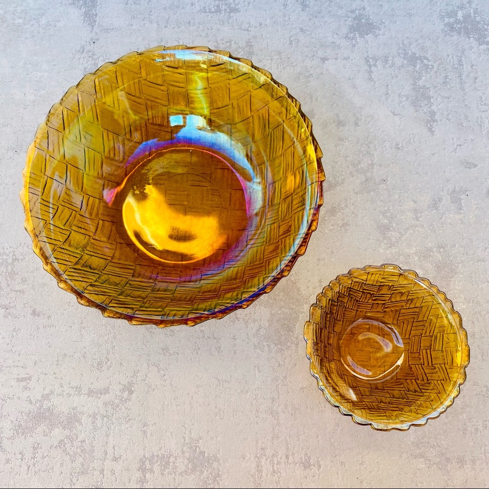 Vintage Marigold Iridescent Indiana Carnival Glass Bowls Basket Weave Pattern